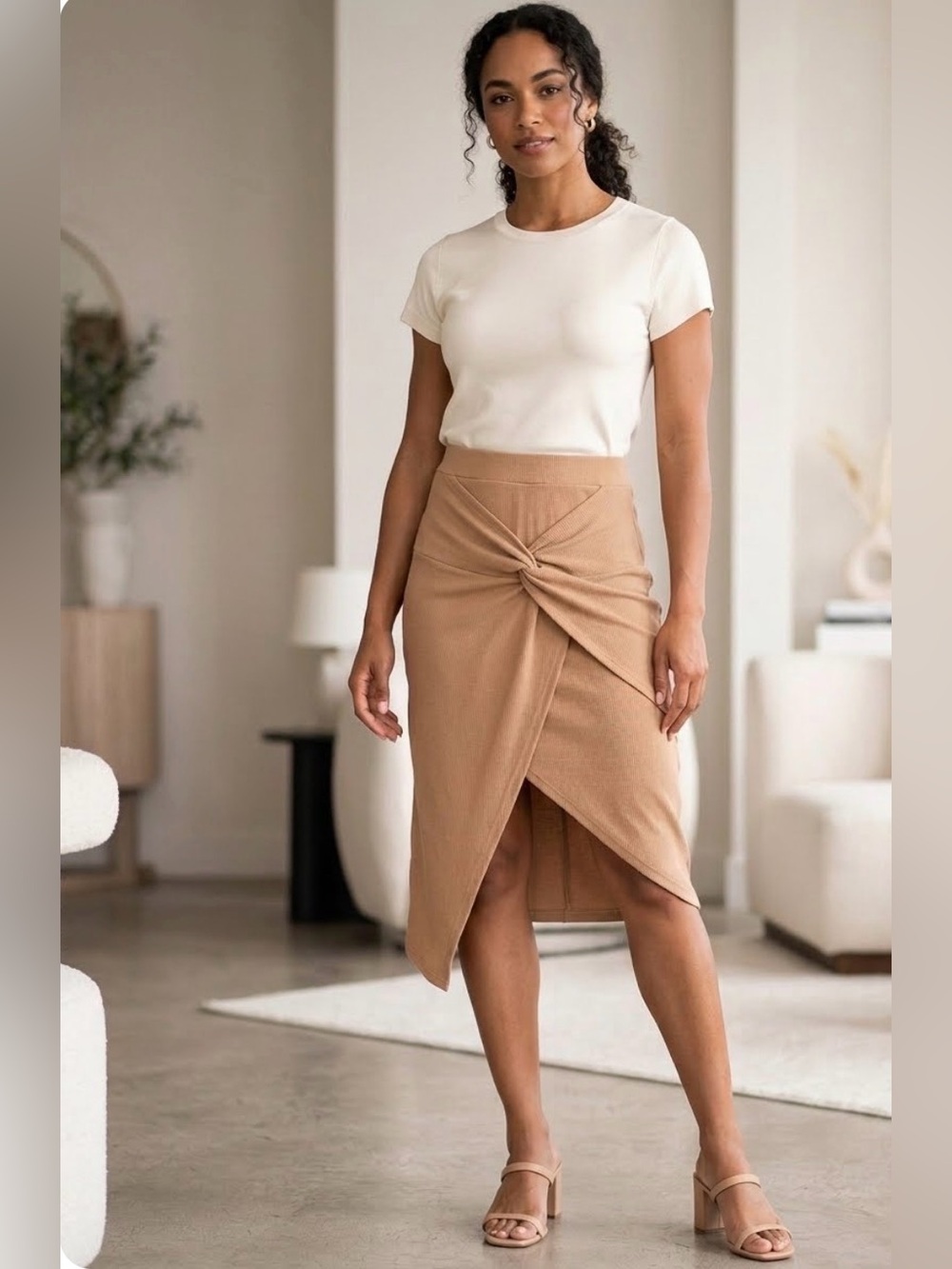 Umgee Camel Twist-Front Midi Skirt Waist 16’ no stretch